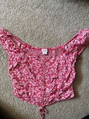 Pink Floral Off-Shoulder Tie-Hem Top - Women